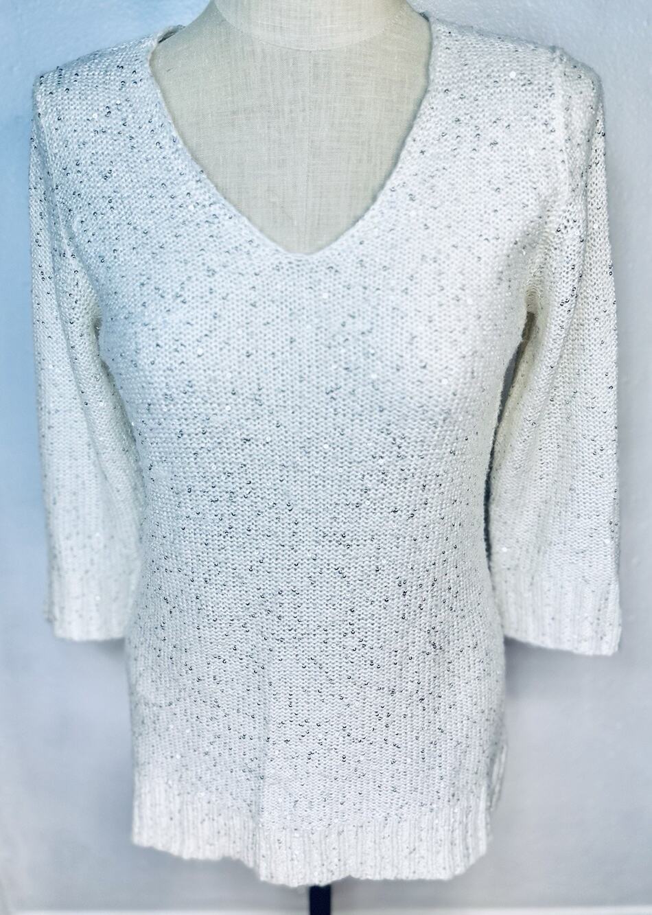 Max Edition Y2K White V-neck Knit Sweater With Silver Sequins Large Vintage Cozy
